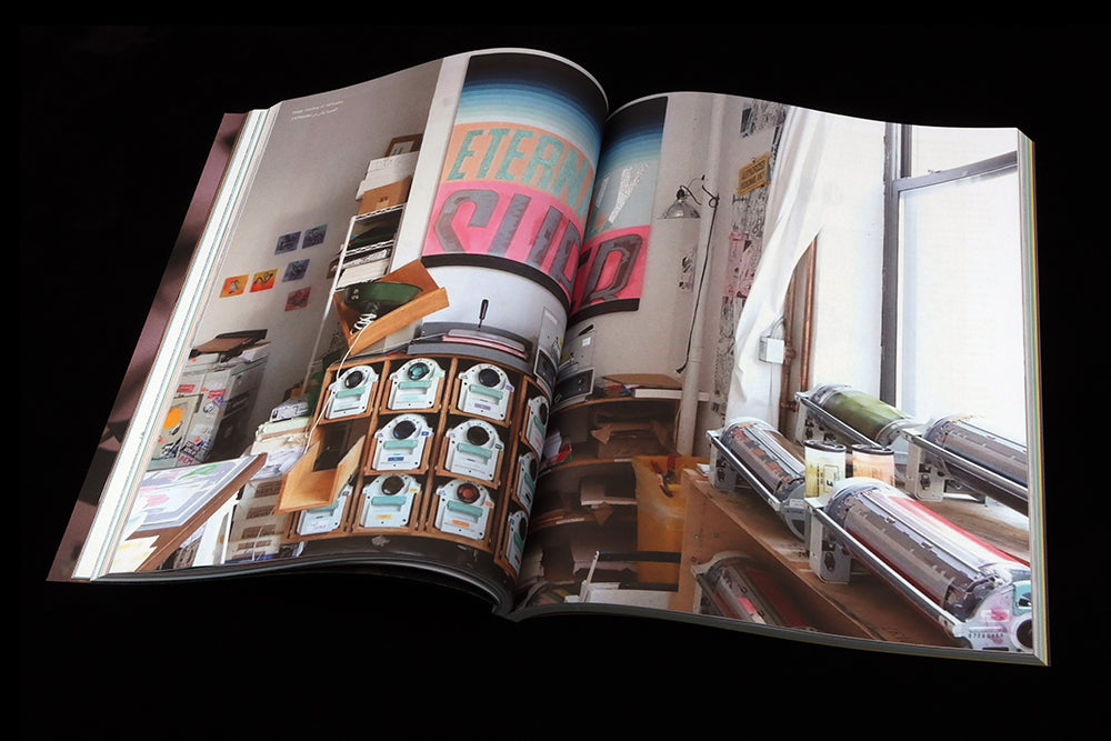 A spread from a magazine showing the interior of a Risograph printing studio