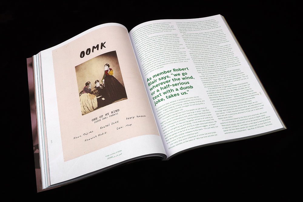 Magazine spread showing a cover of OOMK zine on one side, text on the other