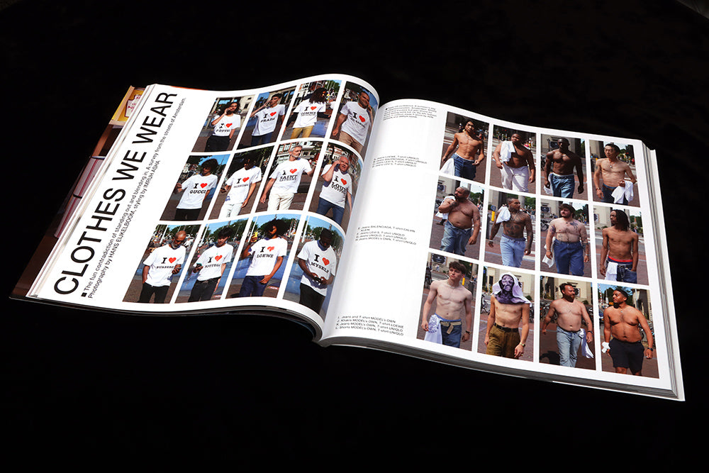 Two pages with gridded sets of images showing men in t-shirts (left) and topless (right)