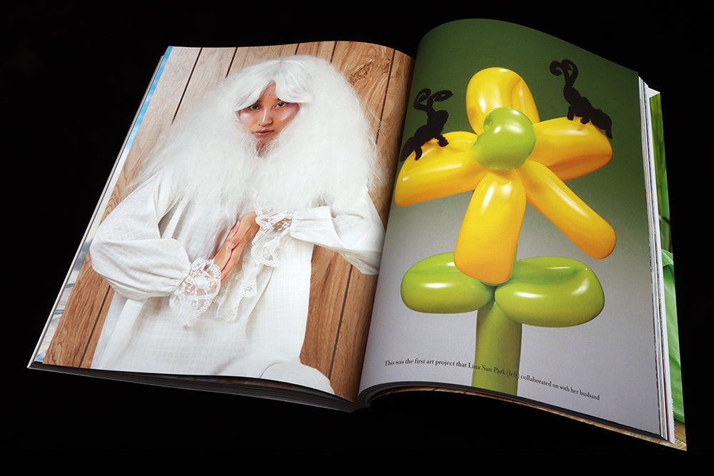 DPS; left page a woman in white clothes and wig. On right: a balloon sculpture in yellow and green