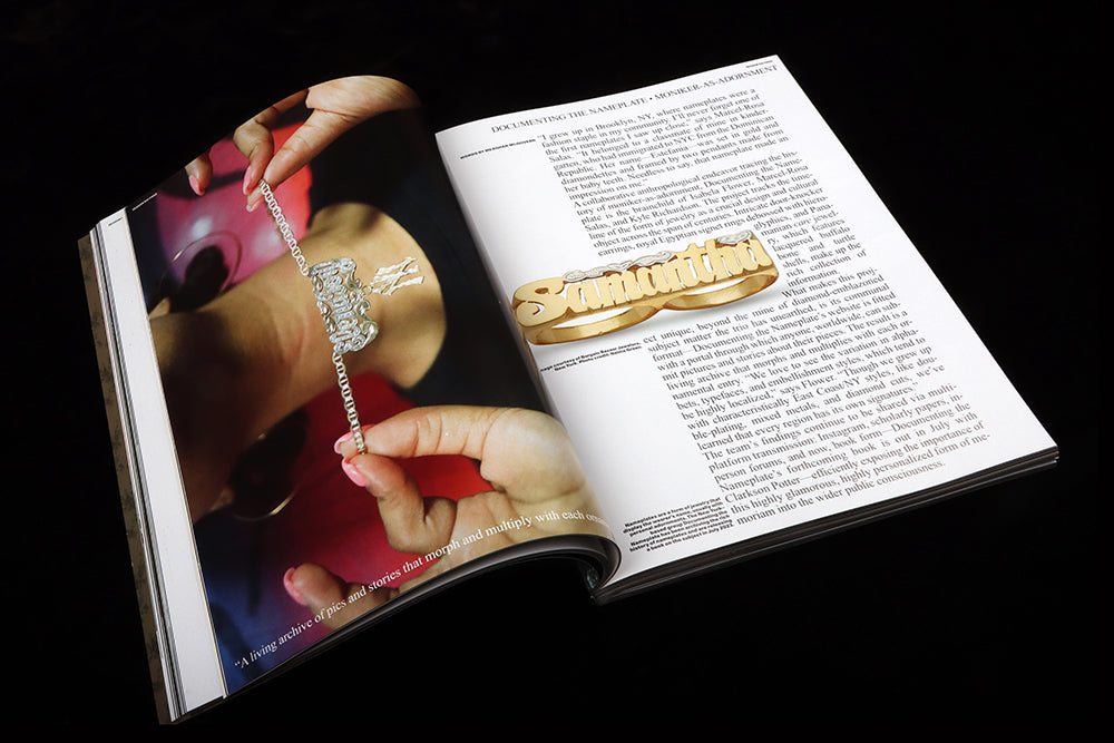 Magazine spread with image of nameplate jewelry on left and text on right