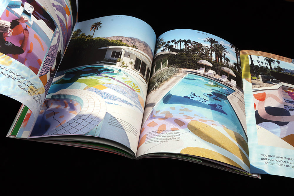 Artist Alex Proba’s painted swimming pools take over a gatefold pullout section