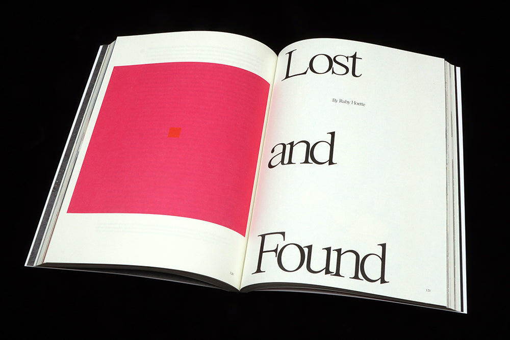 A double page spred from Vestoj 11; to left a large pink square, with a minute red square floatin  inside it. To right, the headline, ‘Lost and Found’.