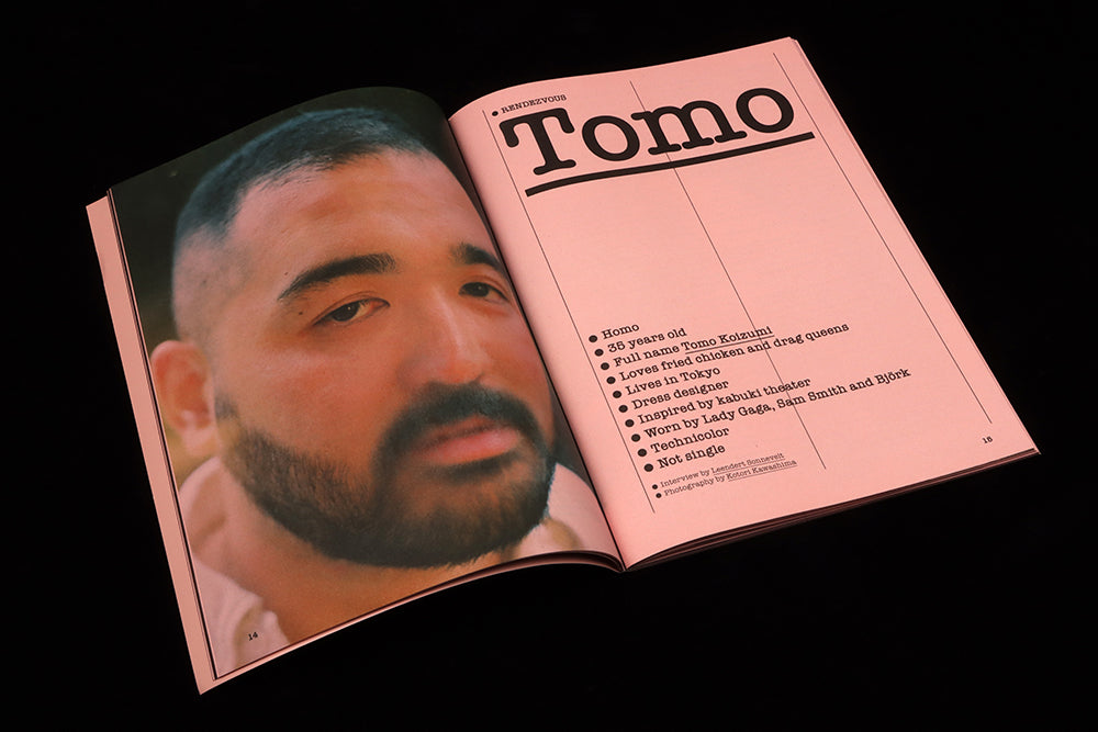 Spread from Butt magazine,  featuring full page portrait of Tomo on lect and headline and bio on right