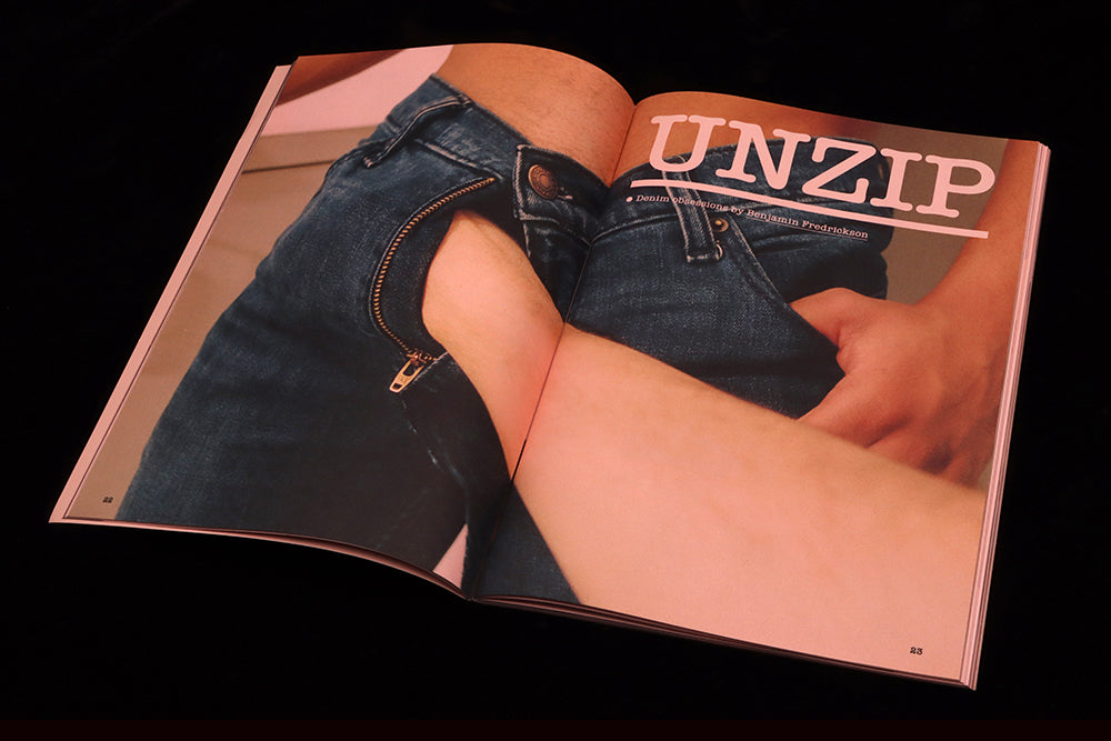 Double page from Butt magazine, photo shoot about denim