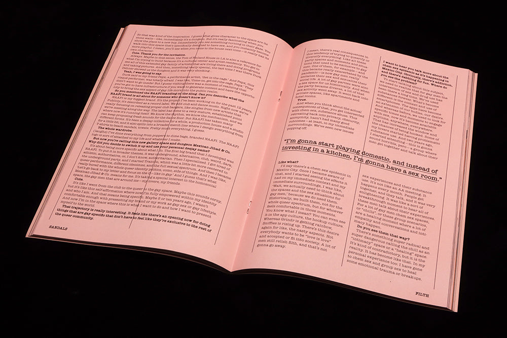 A spread from Butt magaizne, showing the pink paper the magazine uses.