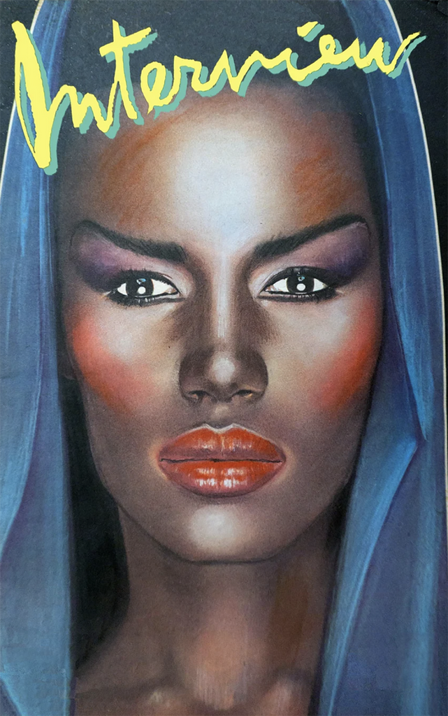 Interview magazine front cover featuring an illustration of singer Grace Jones by Richard Bernstein