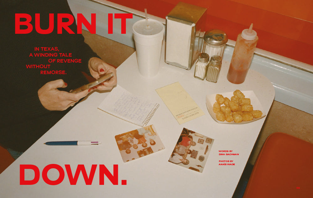 Opening spread from Mother Tongue magazine; a diner table with food and photographs laid out.