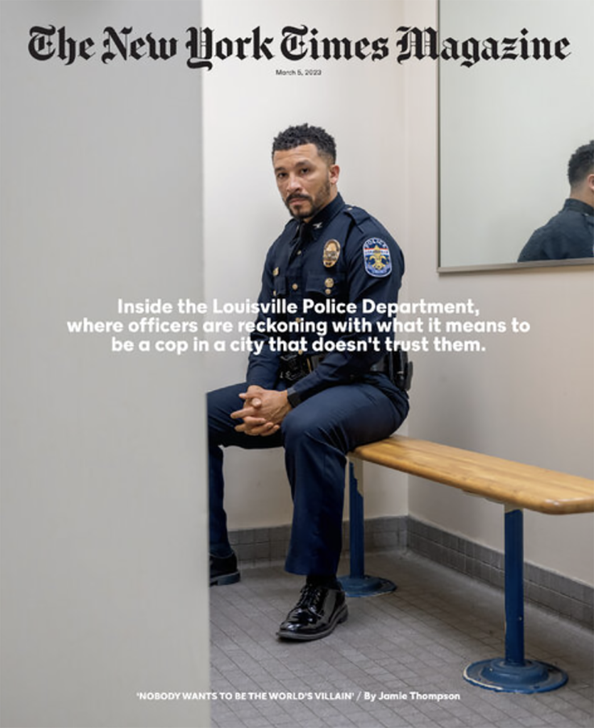 Cover of New York Times Magazine, a policeman sits in a changing room.