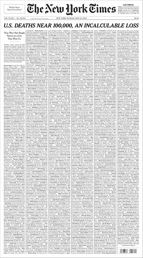 The front page of the New York Times newspaper, listing the names of the first 100,000 US victims of Covid.