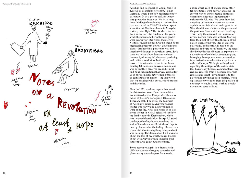 Magazine spread, doodled headline on left, text on the right.