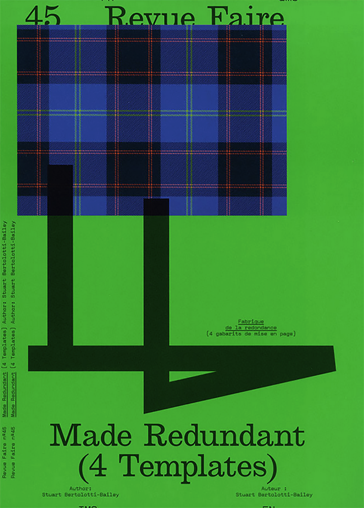Cover of Revue Faire issue 45, bright green with a blue plaid pattern and some type.