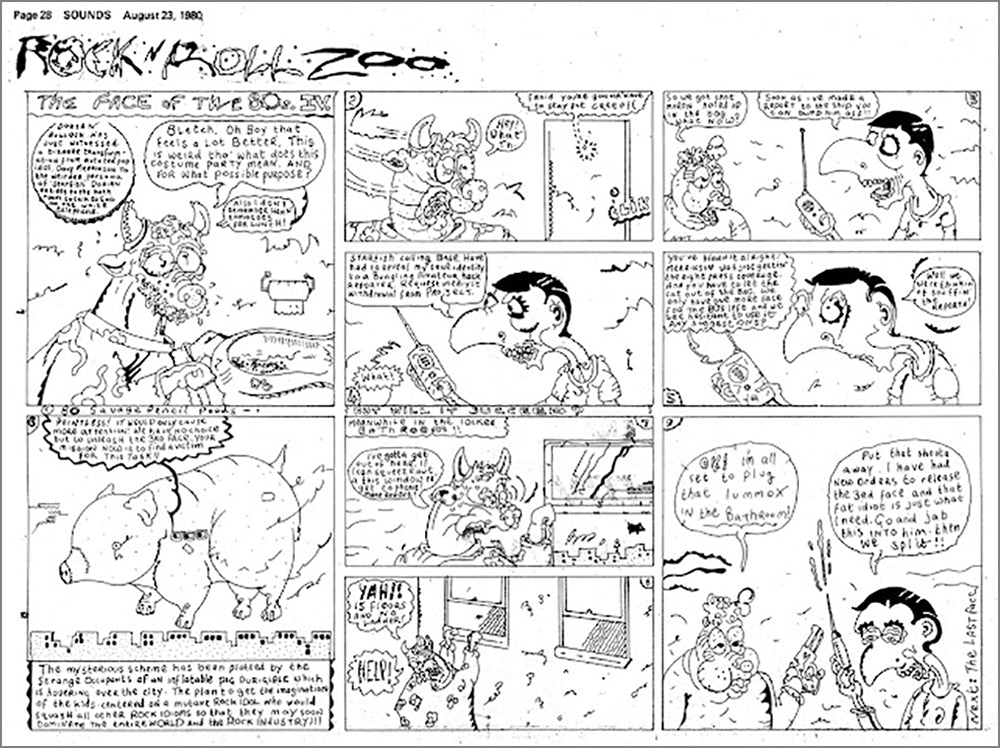 Black and white cartoon strip, ‘Rock N Roll Zoo’ from 1981