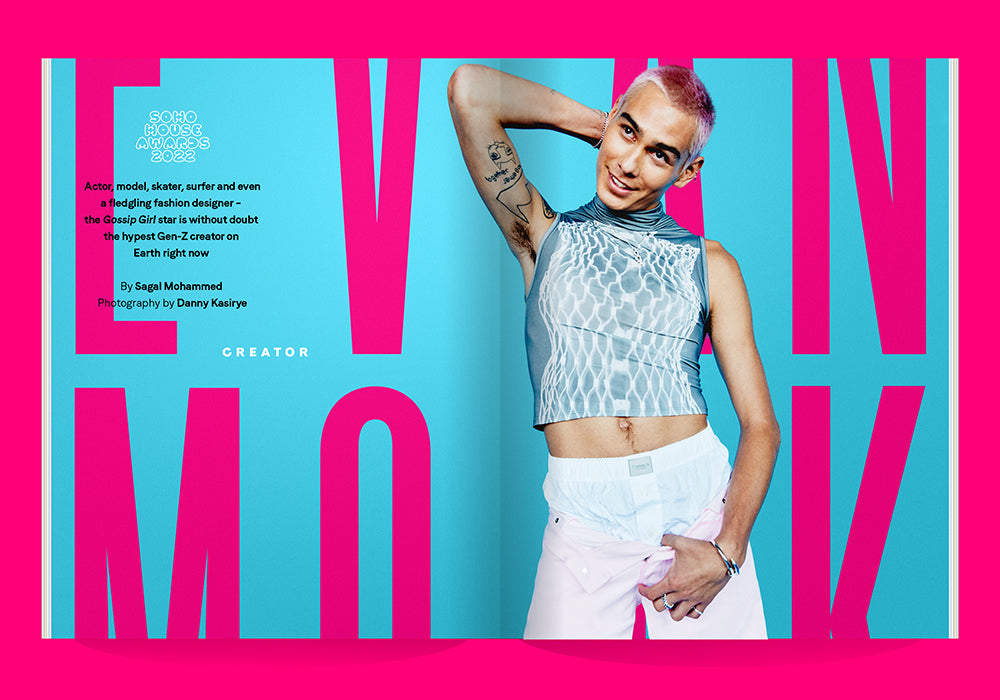 Brightly coloured spread from Soho House Magazine: pink type and blue background