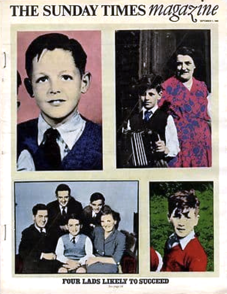 Sunday Times Magazine cover from 1968, white, with four images. Each one is a black and white image that has been hand coloured. They show the four members of The Beatles as children. 