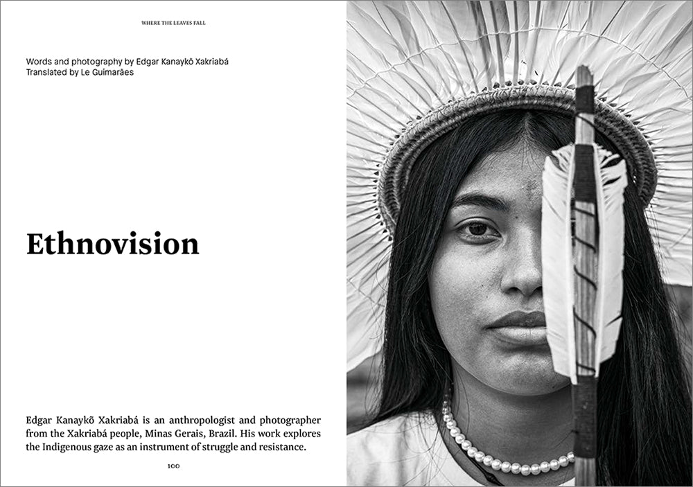 Magazine spread, headline on left, black and white portrait of Indigenous Brazilian on right