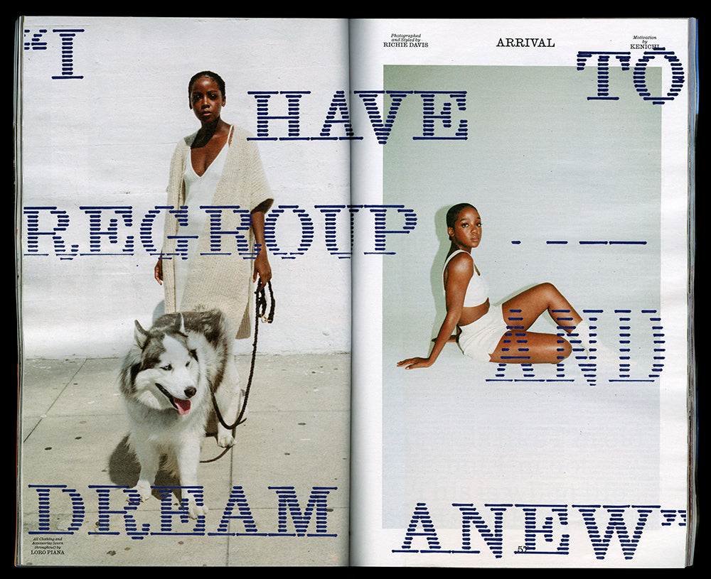 Double page from Interview magazine, showing two images of a black woman in white clothing, shot on a white background and with blue headlines words spread across the pages.