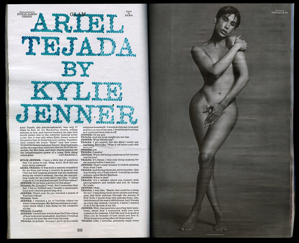 Double page from Interview magazine; on left, text and headline. On right, B&W full-length naked portrait of Ariel Tejada.