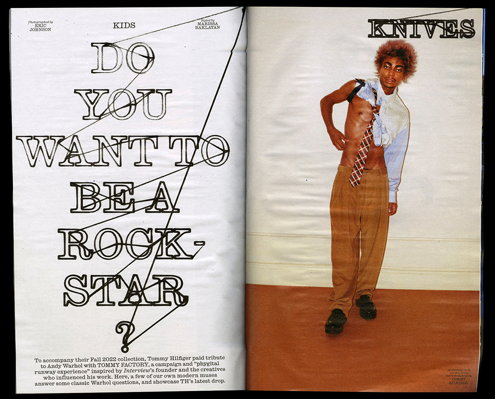 Double page from Interview magazine. On left, outlined headline, on right, a model poses full length.