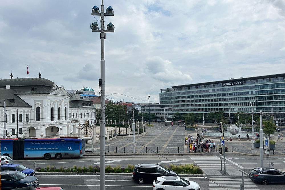 A view form the office window showing Bratislava’s presidential palace and modern banking buildings