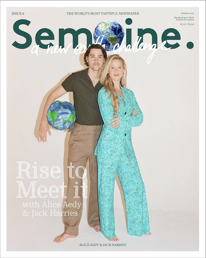 Front cover of Semaine issue six, a woman stand next to a man holding a deflated globe.