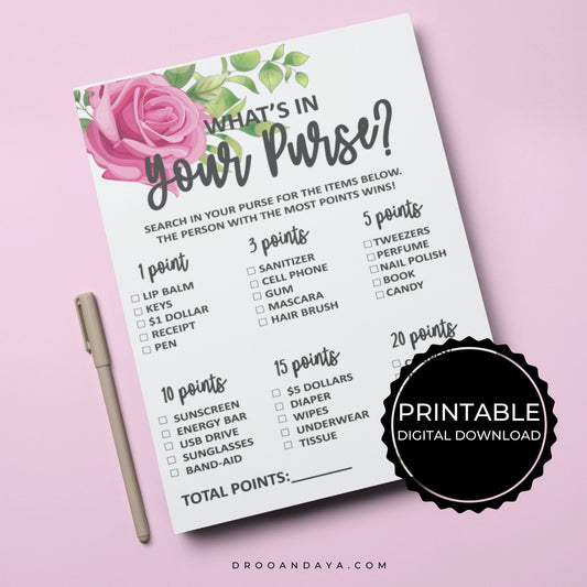 What's In Your Purse Bridal Shower Game Printable - Pink Floral Theme –  Droo & Aya