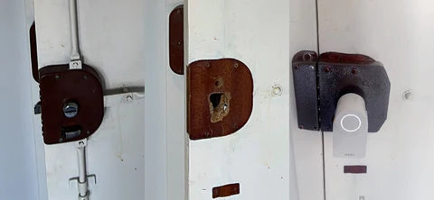 Door with lock, with grobble, nuki door installed on new lock with cylinder