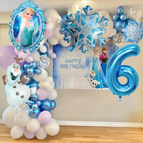Decorations and balloons for a snow birthday party for girls