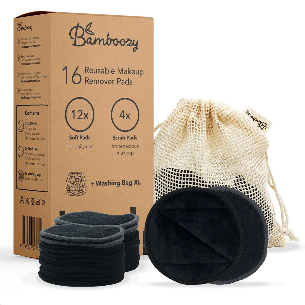  BLOOMING BEE 12 Charcoal Bamboo Reusable Makeup Remover Pads  with Laundry Bag (+ 100% Biodegradable Cotton Bamboo Earbuds 100  pcs)