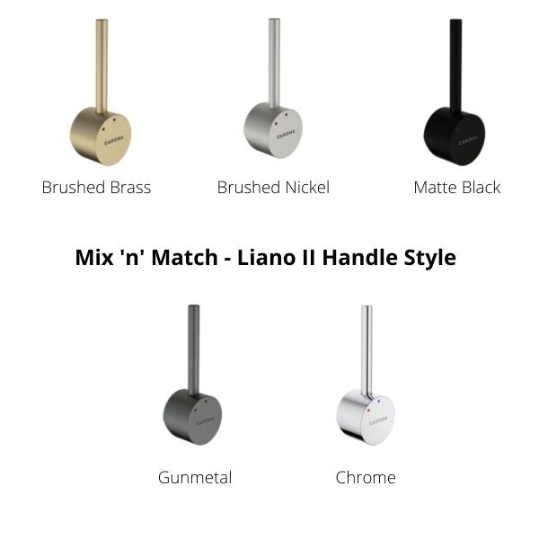 Mix 'n' Match your style, choose from Liano II pin style handles or Urbane II flat style handles in 5 colour options by Caroma - Bathroom Warehouse