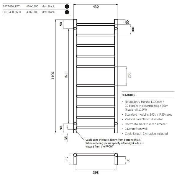 Technical Drawing: Radiant 10 Bar Round Heated Towel Ladder 430w x 1100h