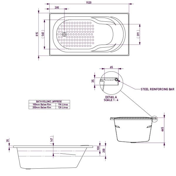 Decina Modena Bath 1520 line drawings and dimensions | Bathroom Warehouse