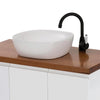 Fienza Eleanor Gooseneck Basin Mixer - Matte Black/Ceramic on a wood top vanity with white basin lifestyle image | Bathroom Warehouse