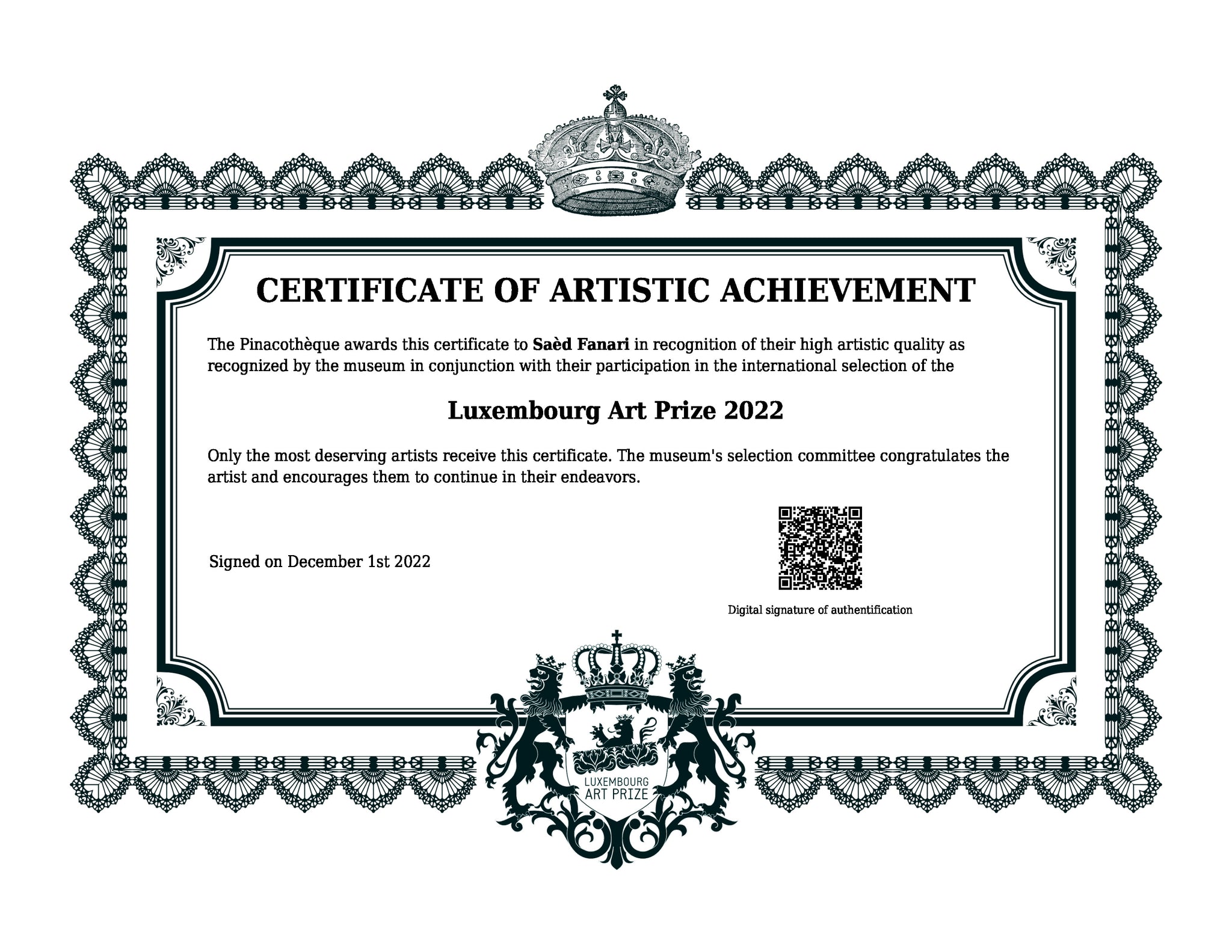 Certificate of artistic achievement - Luxembourg Art Prize 2022