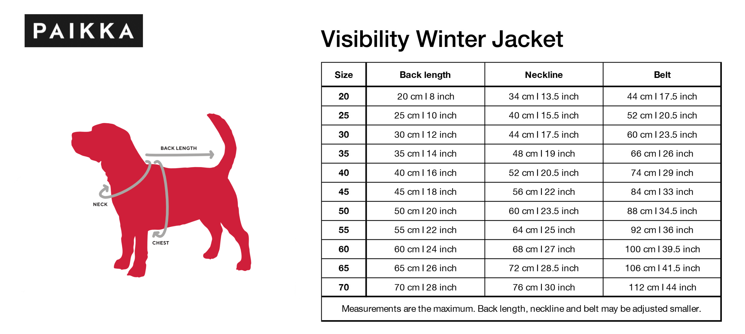 Size guide for Paikka dog winter jacket
