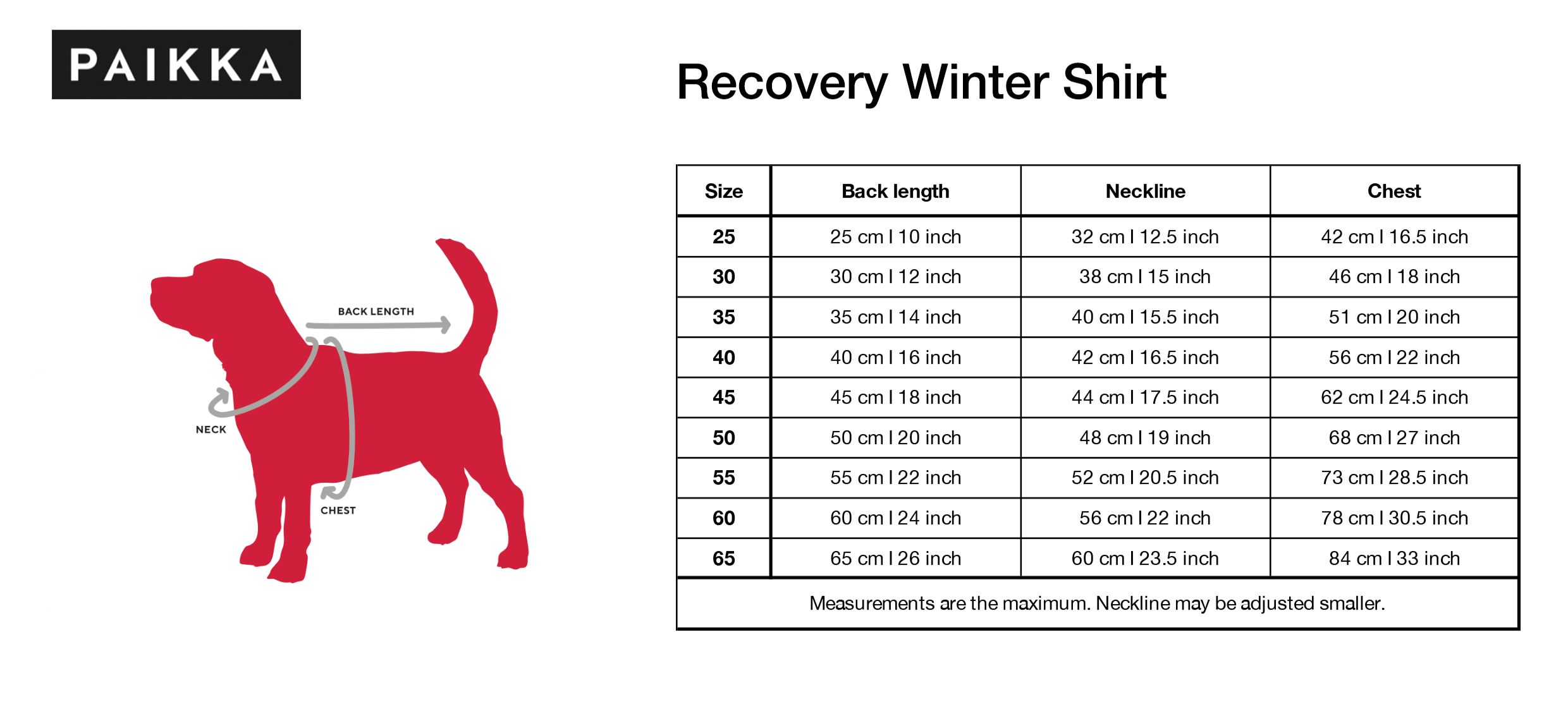 Size guide for Paikka Recovery Winter Shirt