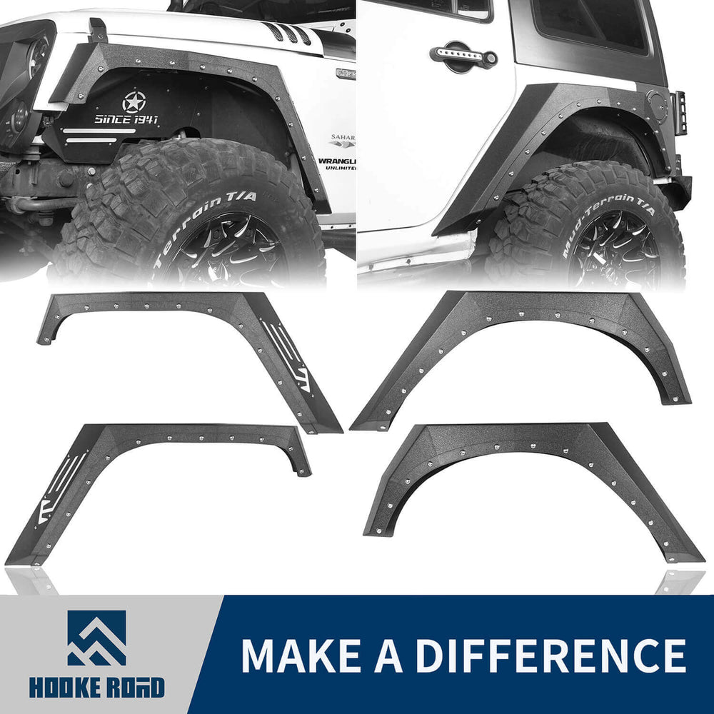 HookeRoad Jeep JK Fender Flares Armour Style Front & Rear Kit for 2007-2018 Jeep  Wrangler JK