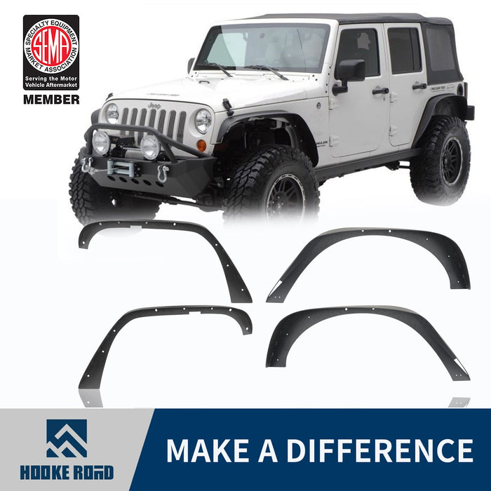 HookeRoad Jeep JK Flat Fender Flares Steel Fender Flares for 2007-2018 Jeep  Wrangler JK