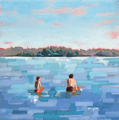 painting of children playing in water at a Canadian beach in summer