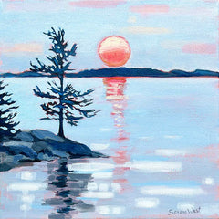 a landscape painting of a pine tree and a sunset over the lake at Killbear Provincial Park in Ontario Canada