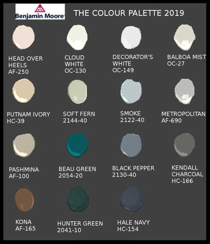 benjamin moore 2019 color palette infographic with 15 swatches