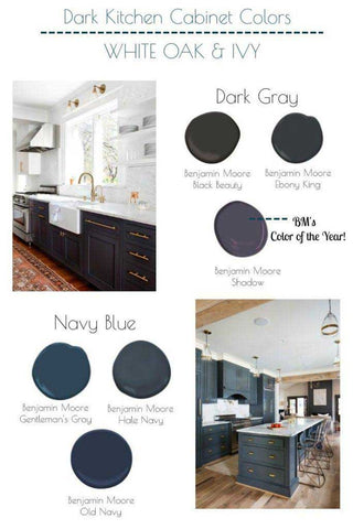 dark kitchen cabinet colours infographic showing dark gray and navy blue options