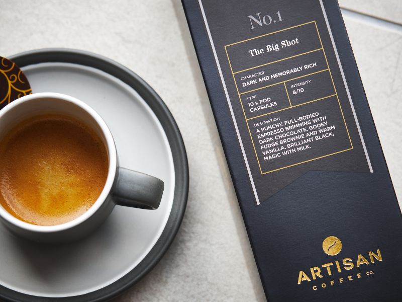 Artisan Coffee Co The Big Shot pods with Espresso cup