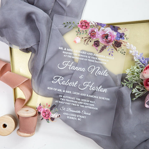 Romantic Floral Burgundy Frosted Acrylic Invitation – The Wedding Emporium