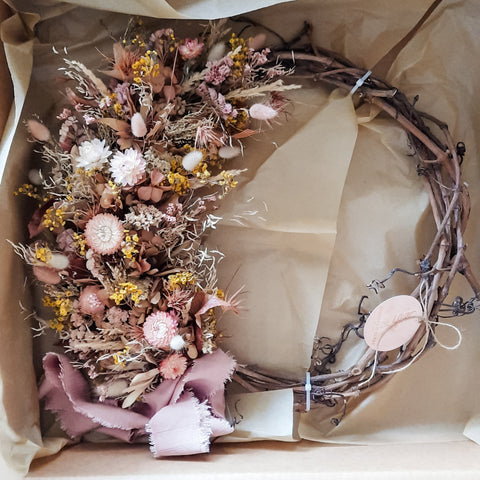 Dried flower wreath boxed ready for shipping.