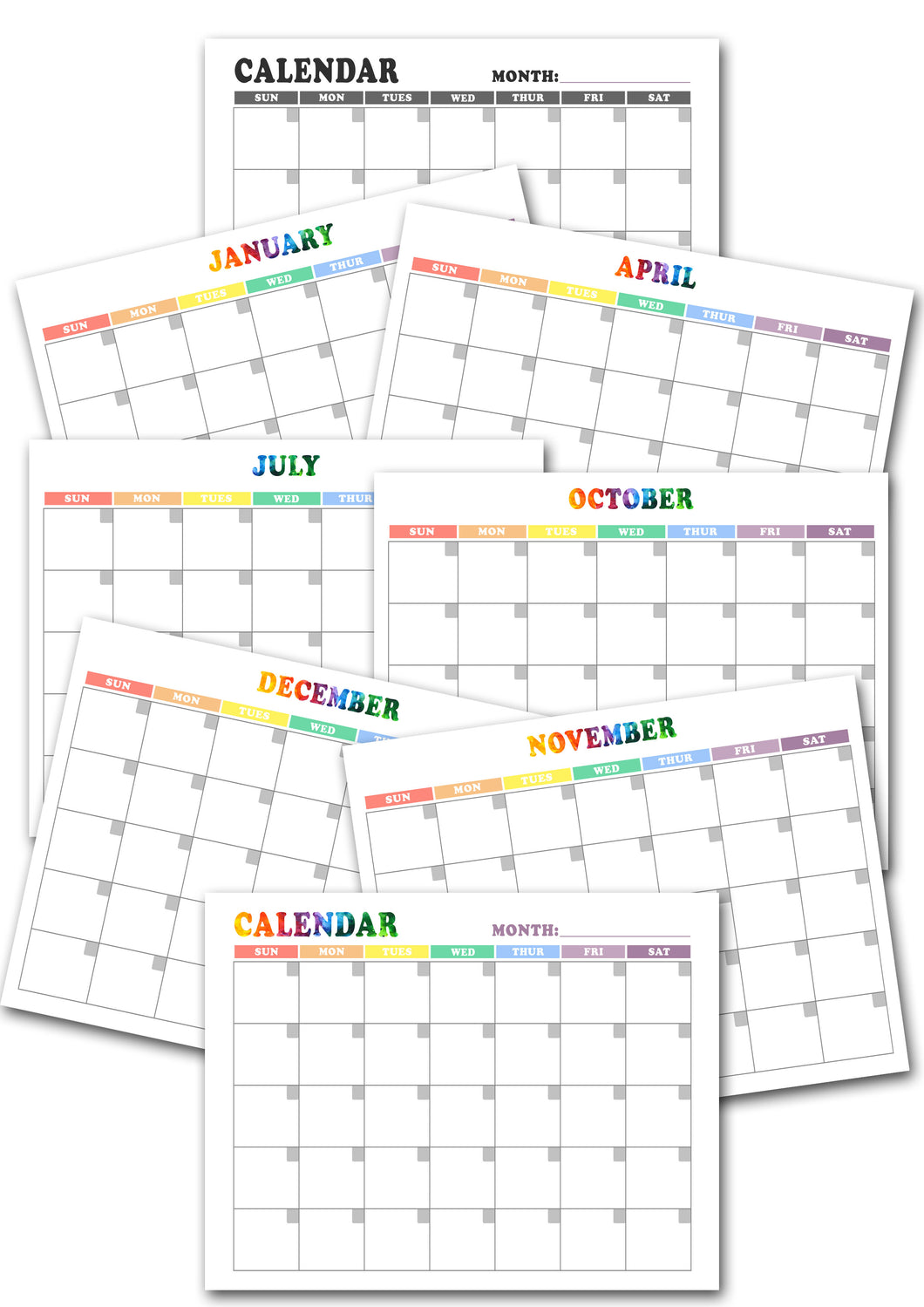 Printable Undated Calendar with Rainbow Theme Starts Sunday