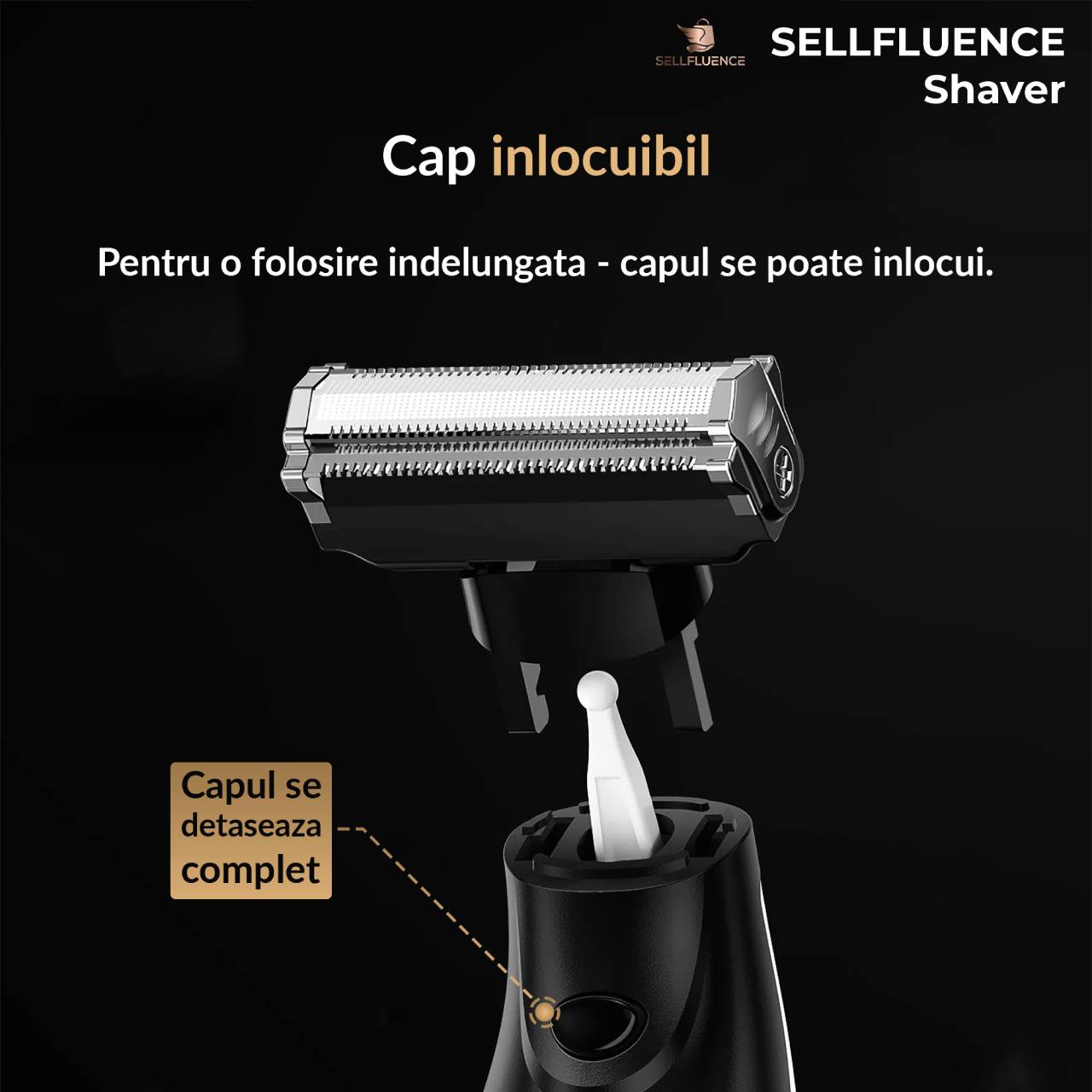 cap inlocuibil pentru o folosire indelungata capul se poate inlocui capul se detaseaza complet Aparat de ras Sellfluence Shaver, barba si corp, rezistent la apa, Waterproof IPX7, lama cu doua taisuri, cap rotativ, cap detasabil, wireless, 7000 rpm