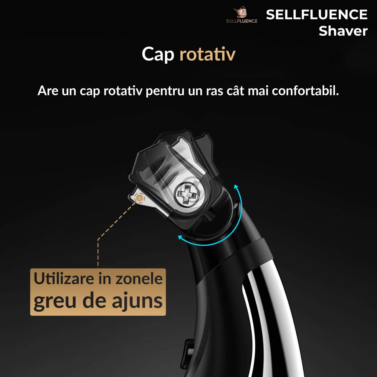 cap rotativ are un cap rotativ pentru un ras cat mai confortabil utilizare in zonele greu de ajuns Aparat de ras Sellfluence Shaver, barba si corp, rezistent la apa, Waterproof IPX7, lama cu doua taisuri, cap rotativ, cap detasabil, wireless, 7000 rpm