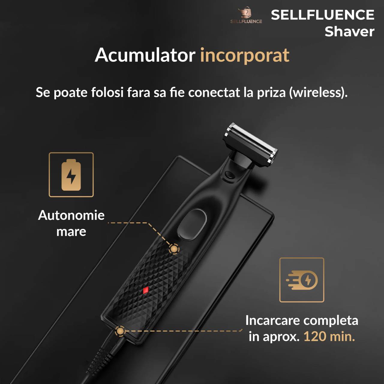 acumulator incorporat se poate folosi fara sa fie conectat la priza wireless autonomie mare incarcare completa in aprox 120 min minute Aparat de ras Sellfluence Shaver, barba si corp, rezistent la apa, Waterproof IPX7, lama cu doua taisuri, cap rotativ, cap detasabil, wireless, 7000 rpm