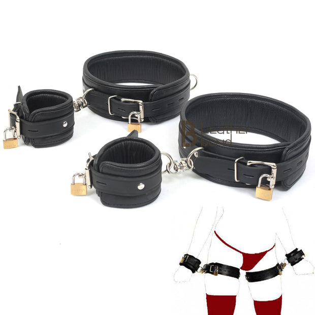  Real Cow Leather Wrist & Ankle Cuffs Set Black 4 Piece Padded  Cuffs Lockable : Health & Household